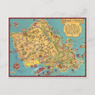 Vintage Map of the Island of Oahu Postcard