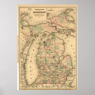 Vintage Map of The Michigan Railroads (1876) Poster