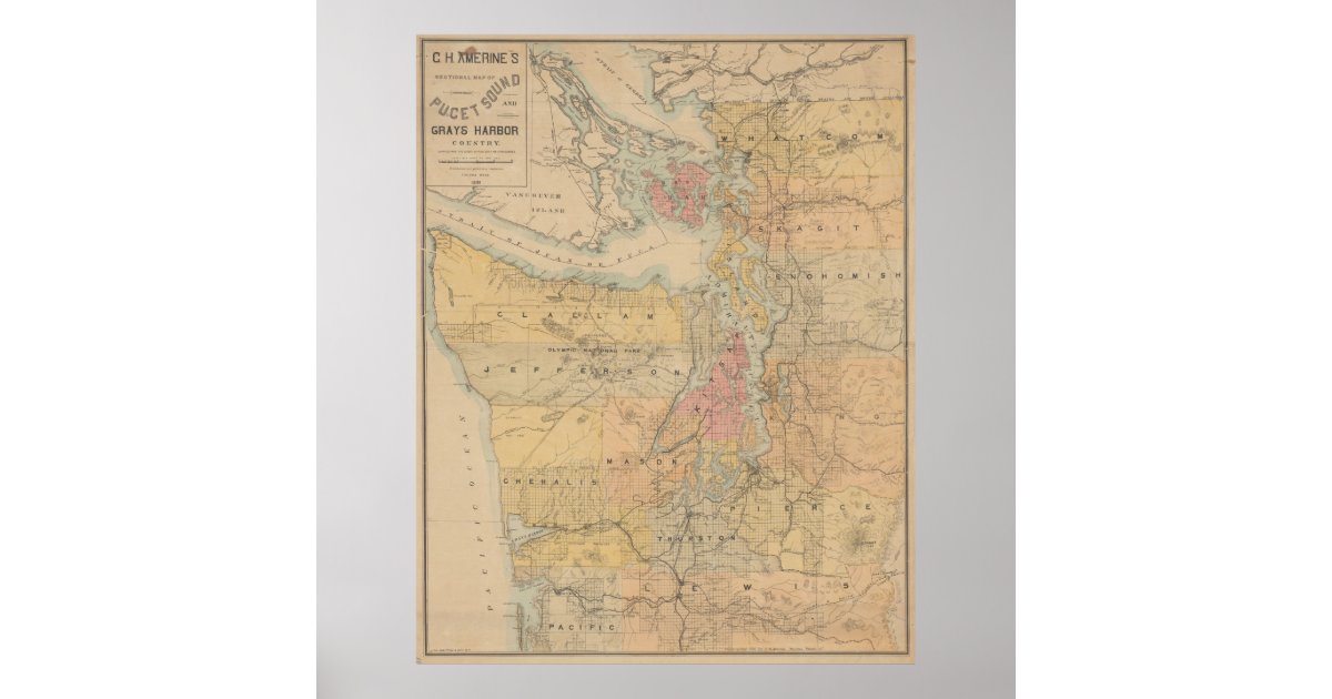 Vintage Map of The Puget Sound (1891) Poster | Zazzle
