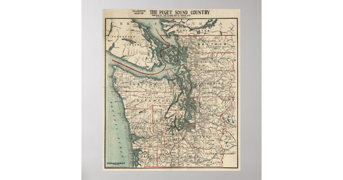 Vintage Map of The Puget Sound (1910) Poster | Zazzle