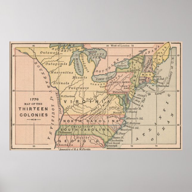 Vintage Map of The Thirteen Colonies (1885) Poster (Front)