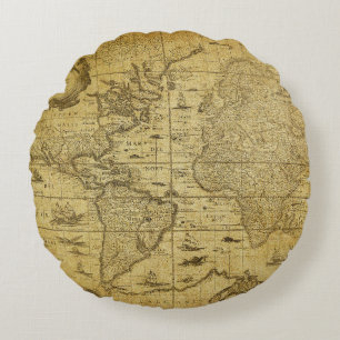 vintage map of the world 1635 round pillow