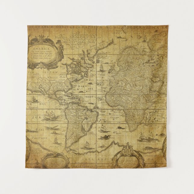 vintage map of the world 1635 tapestry (Front)