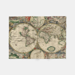 Vintage Map of The World (1689) Fleece Blanket