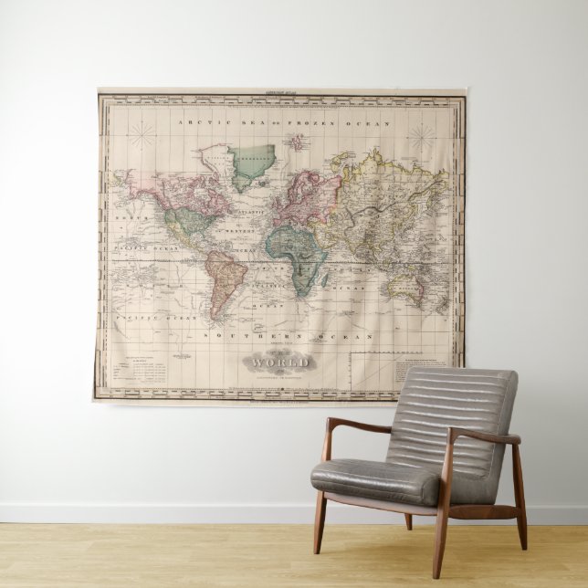 Vintage Map of The World (1833) Tapestry (In Situ (Horizontal))