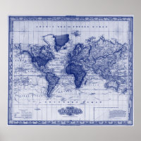 Vintage Map of The World (1833) White & Blue