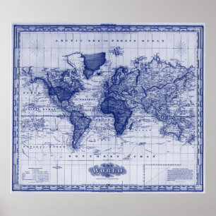 Vintage Map of The World (1833) White & Blue Poster