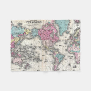 Vintage Map of The World (1852) Fleece Blanket