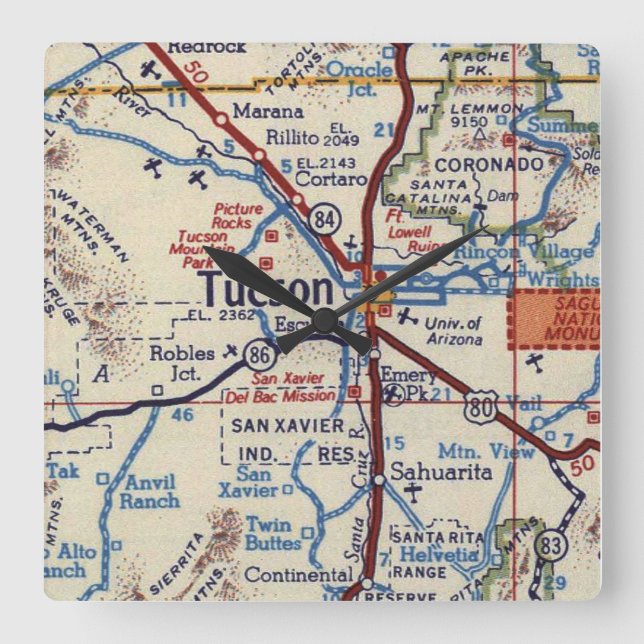 Vintage Map of Tucson Arizona Square Wall Clock (Front)