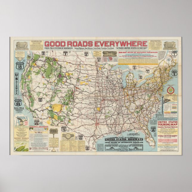 Vintage Map of US Highway System Poster (Front)