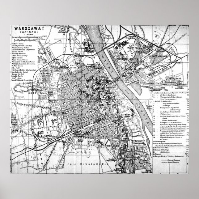 Vintage Map of Warsaw Poland (1914) BW Poster (Front)
