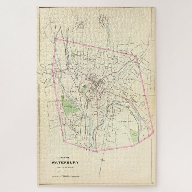 Vintage Map of Waterbury CT (1893) Jigsaw Puzzle (Vertical)