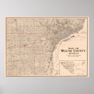 Vintage Map of Wayne County MI (1915) Poster
