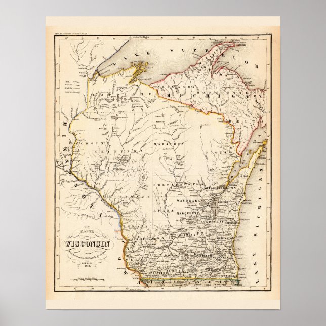 Vintage map of Wisconsin 1852 Poster (Front)