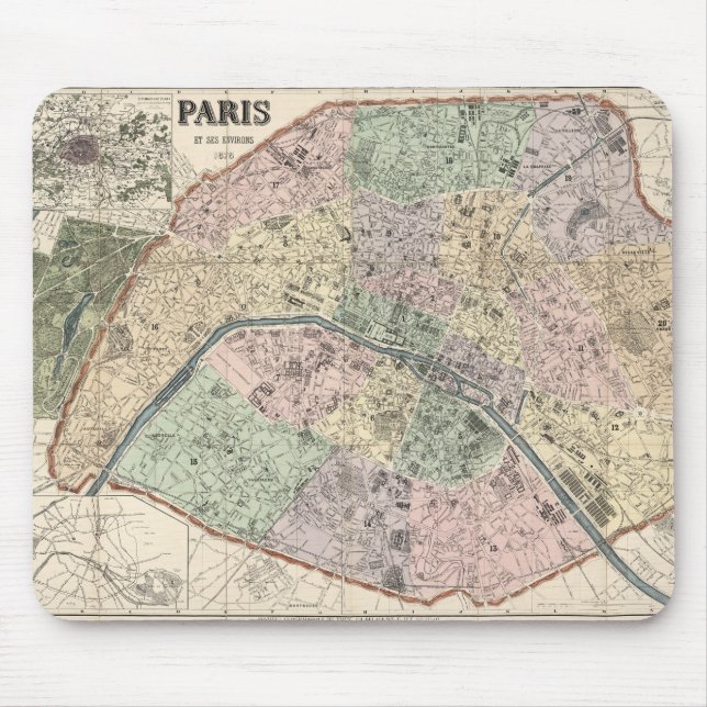 Vintage Map Paris France 1878 Mouse Pad (Front)