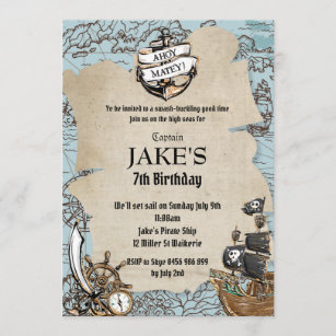 Vintage Map Pirate Birthday Party Old Scroll Invitation