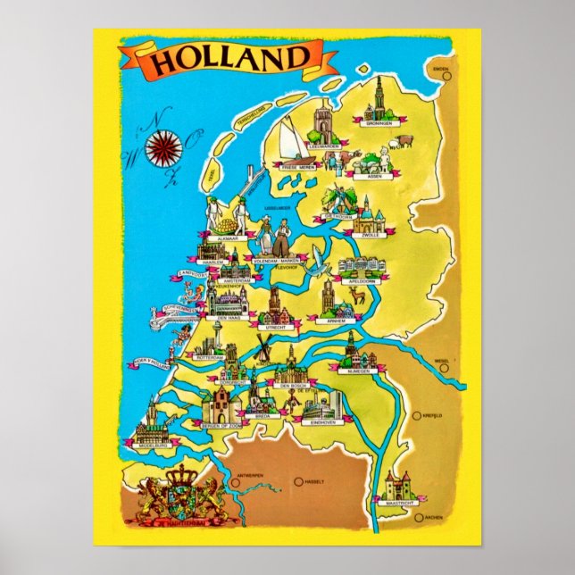 Vintage Map Postcard of Holland Print (Front)