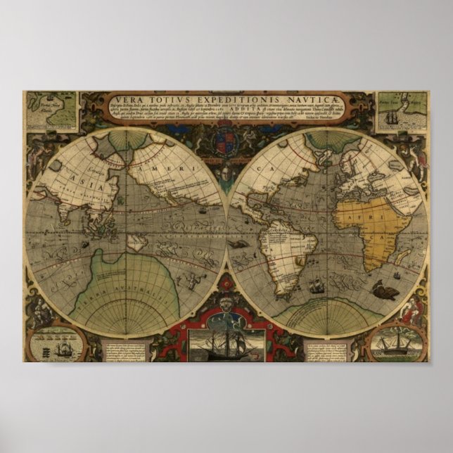 Vintage Map Poster - 1595 Hondius World Map (Front)