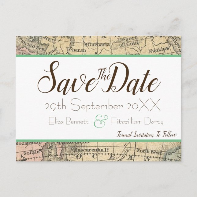 Vintage Map Save the Date Postcard (Front)