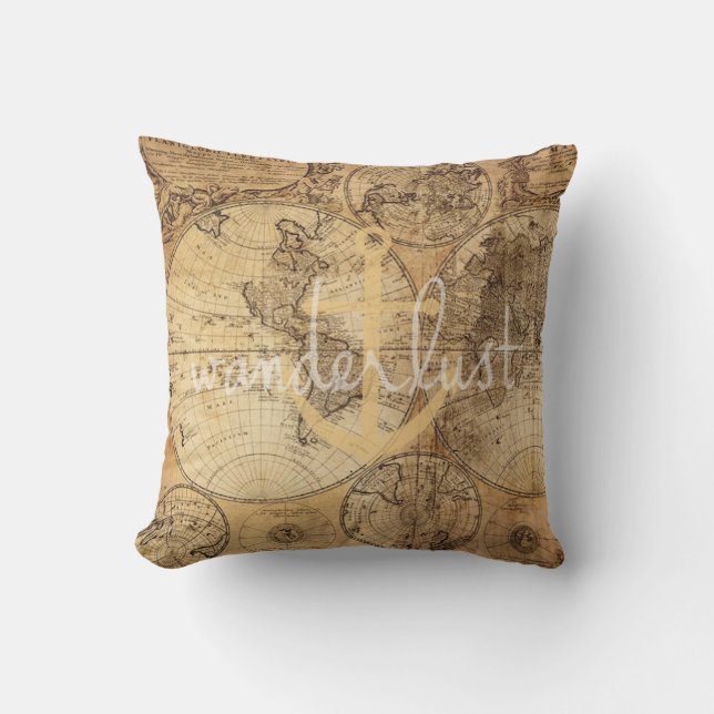 Vintage Map Wanderlust Anchor Throw Pillow (Front)