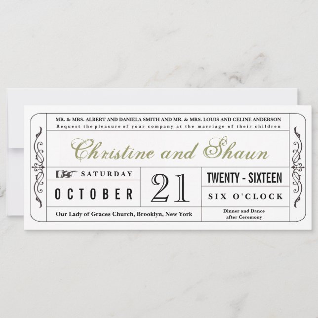 Vintage Mariage Billetterie Invitation en vert oli (Devant)