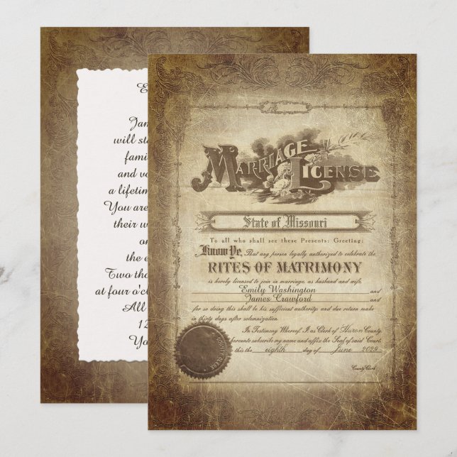 Vintage Mariage Certificat Invitation (Devant / Derrière)