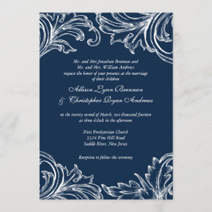 Vintage Mariage damassé Invitation Marine Bleu bla