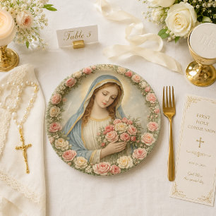 Vintage Marian Roses Catholic Paper Plate