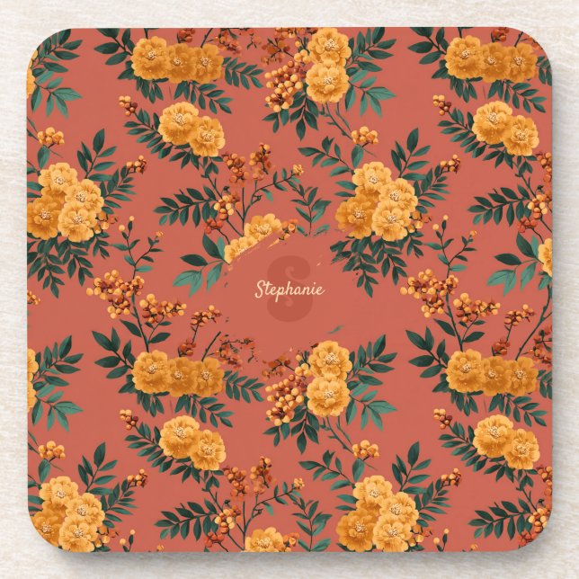 Vintage Marigold Calendula Floral Pattern Coaster (Front)
