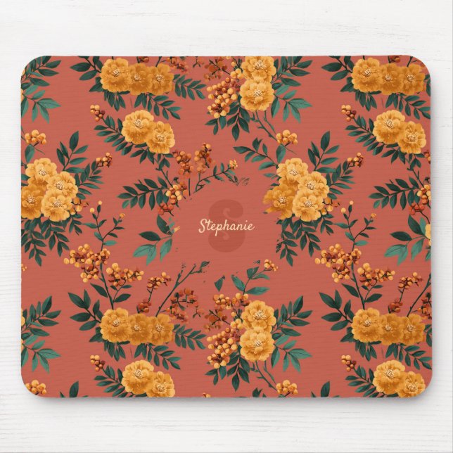 Vintage Marigold Calendula Floral Pattern Mouse Pad (Front)