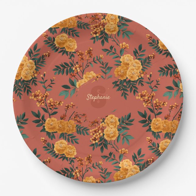 Vintage Marigold Calendula Floral Pattern Paper Plate (Front)