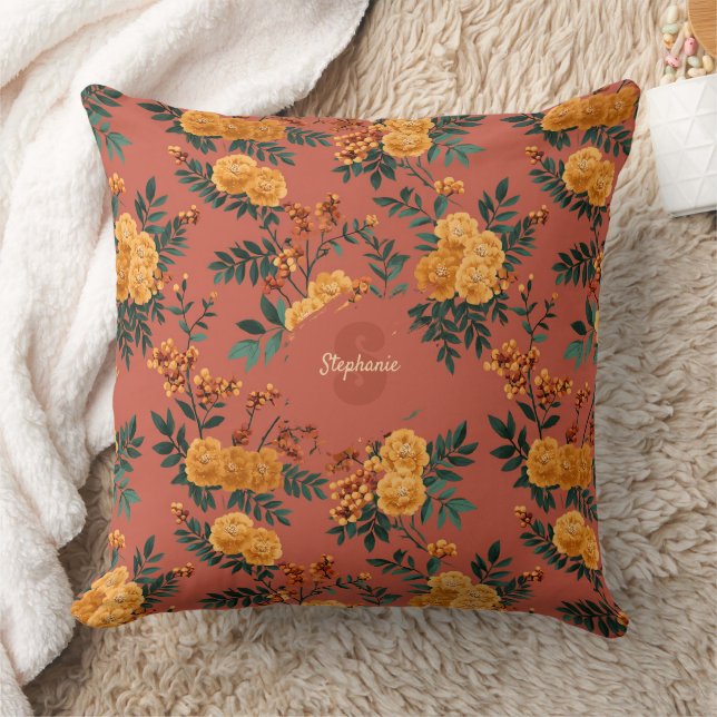 Vintage Marigold Calendula Floral Pattern Throw Pillow (Blanket)