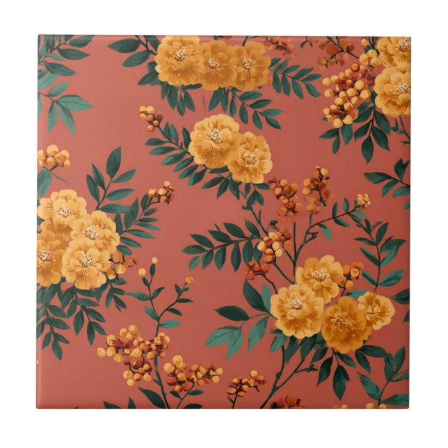 Vintage Marigold Calendula Floral Pattern Tile (Front)