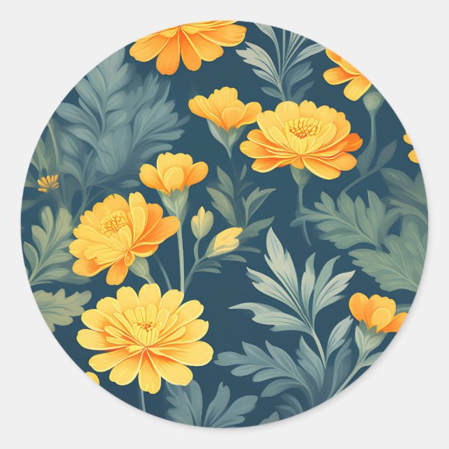 Vintage Marigold Flowers Pattern Classic Round Sticker (Front)