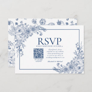 Vintage Marine Blue Floral Line Art QR Code RSVP