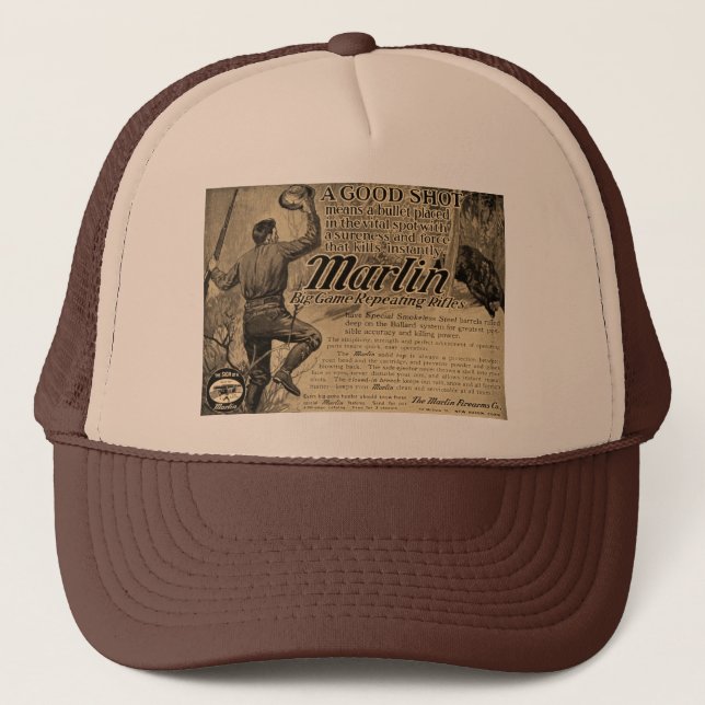 Vintage Marlin Firearms Good Shot Ad Trucker Hat (Front)