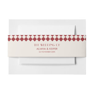 Vintage Maroon & Cream Chequerboard Retro Wedding Invitation Belly Band
