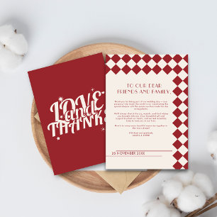 Vintage Maroon & Cream Chequerboard Retro Wedding  Thank You Card