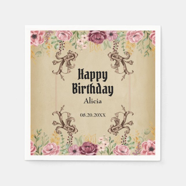 Vintage Maroon Gold Flower Parchment Birthday Napkin (Front)
