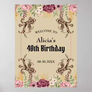 Vintage Maroon Gold Flower Parchment Birthday Poster