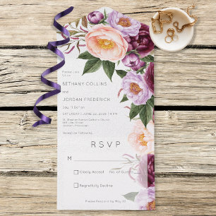 Vintage Maroon Lavender & Peach Peonies No Dinner All In One Invitation