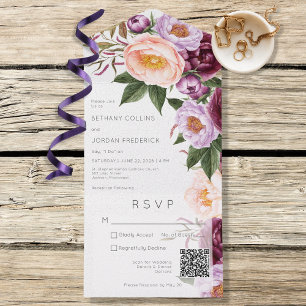 Vintage Maroon Lavender & Peach Peonies QR Code All In One Invitation