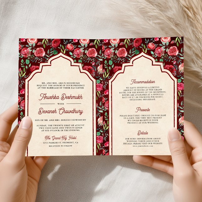 Vintage Maroon Red Roses Floral Indian Wedding Invitation (Creator Uploaded)