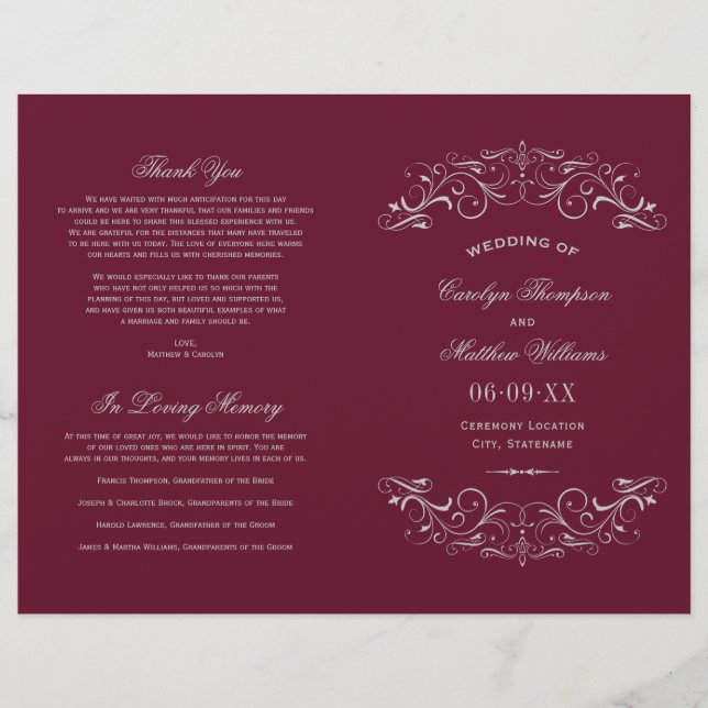Vintage Maroon Silver Flourish Wedding Programs (Front)