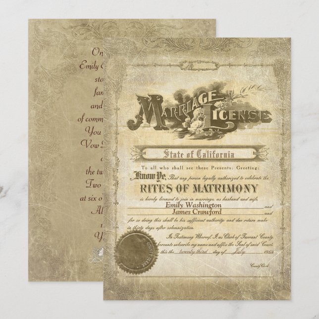 Vintage Marriage Certificate Invitation (Front/Back)
