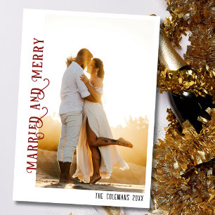 Vintage Married and Merry Minimalist Deep Burgundy Holiday Card