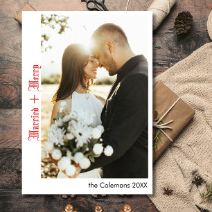 Vintage Married and Merry Minimalist Rich Red Text Holiday Card
