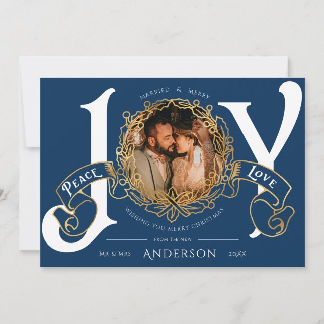 Vintage Married & Merry Blue Christmas Photo Card (Front)