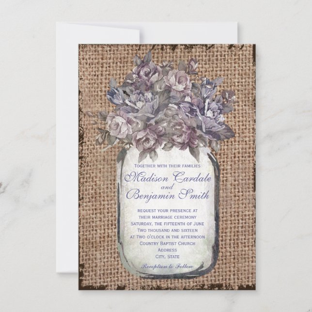 Vintage Mason Jar Burlap Rustic Wedding Invitation (Front)