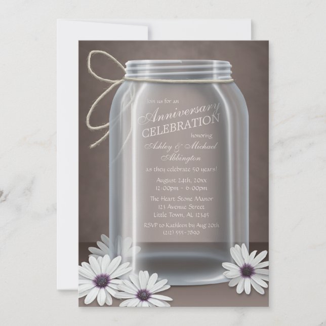 Vintage Mason Jar Daisy Brown Anniversary Invitation (Front)